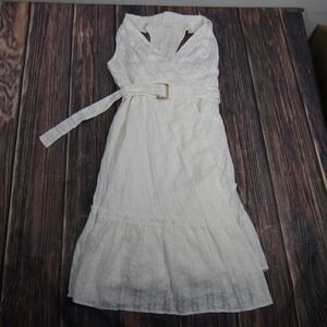 Harlyn Dress Womens Large White Wrap Belted Ruffle Hem Cotton Lined Sleeveless
